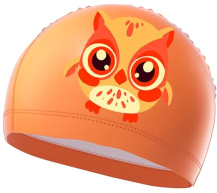 Kids Swimming Cap Elastic Cartoon Shark Swim Hat for Children Girls and Boys Swimming Cap for Age 4-10 Breathable Comfortable Stretch Polyester Fabric (Orange, Owl)