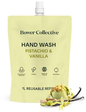 Bower Collective Natürliche antibakterielle Flüssigseife Nachfüllpackung, Pistazie & Vanille Handwasch-Nachfüller, umweltfreundliche Seife, keine Nussderivate, 1 Liter, 300+ Waschgänge