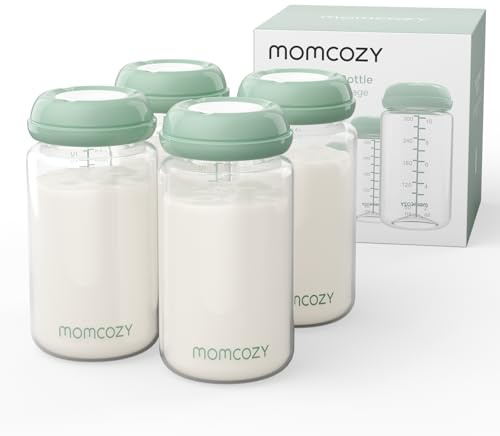 Momcozy Natürliche Baby Bottle Muttermilch Bewahrung, 330ml Breitmaul-Muttermilch-Aufbewahrungsflasche für Kühlschrank & Momcozy Muttermilch-Kühler, BPA-freie Milchsammelflaschen, Stillhilfe, 4er Pack