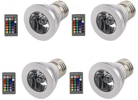 Genérico Bombilla LED E27 RGB de 3 W, Regulable, 16 Colores, Blanco frío 6000 K, Foco LED con Mando a Distancia, Bombilla de bajo Consumo, Paquete de 4