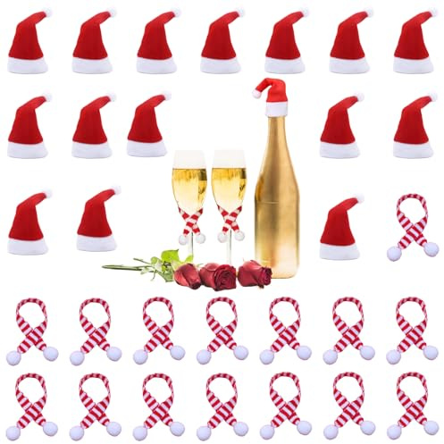 30 Stück Miniatur Weihnachtsmütze Mini Weihnachtsschal, Weihnachtsmannmütze Kleine Weihnachtsmützen zum Basteln, Nikolausmütze Klein Wichtelmütze Mini Schal Mützen Weihnachten Bestecktasche Tischdeko