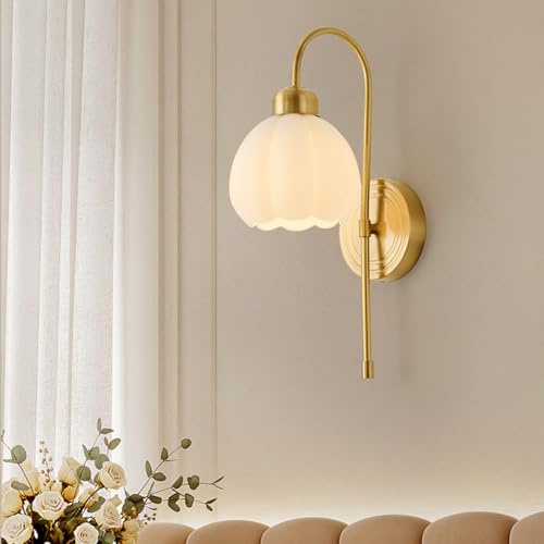 OOWOKS Applique murale en verre E14 Lampe murale rétro en laiton doré avec abat-jour floral Design créatif en forme de tulipe Lampe de chevet décorative pour chambre à coucher, salon ou salle de bain