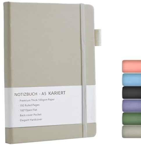 Notizbuch A5 Kariert, Notebook a5 mit Premium 100GSM Papier,192 Seiten | Journal Hardcover mit Innentasche, Elastisch Gebändert, Notizblock für Grafik, Planung, Lernen, 14,5x21,3 cm (Grau)