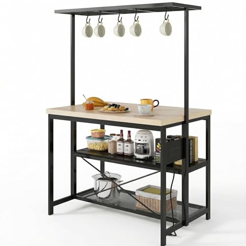 Takywep 47 Inch Kitchen Island with Storage, Mobile Kitchen Island Cart, Microwave Shelf, 3 Tier Open Shelves & 5 Hooks, Wooden Top & Black Frame, for Small Kitchen, Breakfast Bar, Coffee Station