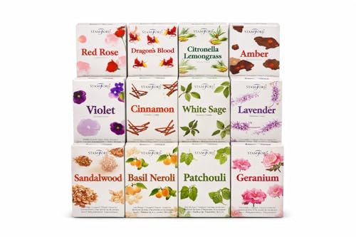 Stamford Incense Cones 12 Pack Assorted Fragrances with JRose Trolley Coin Keychain, 180 Cones Total, 15 per Box, Home Fragrance Collection