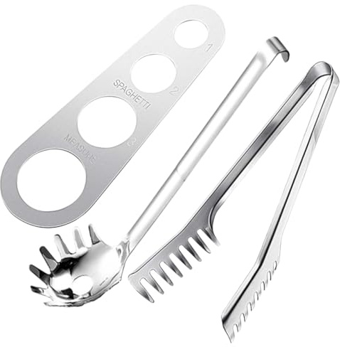 VICASKY Ensemble 3 Pièces Ustensiles Pâtes Inox Alimentaire, Règle de Mesure Spaghetti, Pince et Passoire, Outil Portion Spaghetti Précis, Accessoire la Cuisine Solide pour Usage