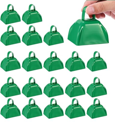 PATIKIL 3 Cow Bells for Football Games, 20 Pcs Metal Cowbells with Handle Loud Noise Makers Hand Percussion for Sporting Events Cheering Competition Marathon Wedding, Green