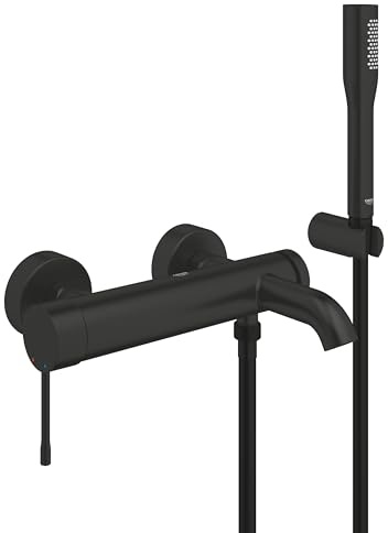 GROHE Essence, Badewannenarmatur mit Duschkopf (Komplettset für die Badewanne, Duscharmatur mit integriertem Rücklaufventil, automatische Umstellung für Badewanne und Dusche), mattschwarz, 336282431