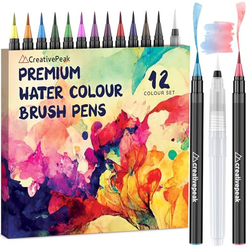 Creativepeak Watercolour Brush Pens, 12 Vibrant Soft Tip Colouring Markers w/Blending Brush, Watercolour Brush Pen Set for Calligraphy, Lettering, Colouring & Journaling, Premium Art Supplies