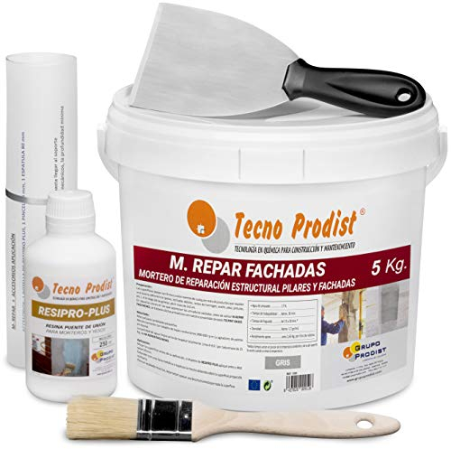 M-REPAR FACHADAS de Tecno Prodist - (5 Kg + Kit) Mortero estructural para reparaciones de fachadas, cornisas, pilares... - Contiene cemento, áridos y fibras especiales - Incluye kit aplicación
