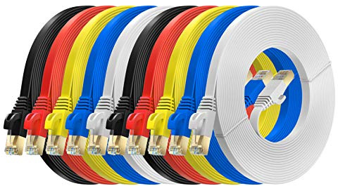 MutecPower 5m 10 Pack ULTRA PIATTO Cavo di rete Ethernet CAT 7 con connettori RJ45 - SSTP - 600 MHz - Cavi rosso/giallo/blu/nero/bianco da 5 metri con fascette e clip.