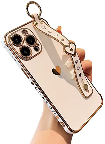 DEFBSC for iPhone 14 Pro Max Case with Wrist Strap, Plating Heart, White | Cute Side Love Pattern Phone Case with Wristband Finger Holder Stand Soft TPU Bumper Shockproof Protective Cover