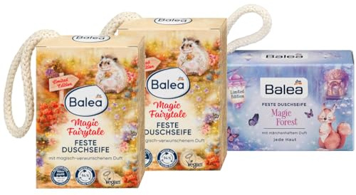 Balea 3er-Set Hautpflege: Feste Duschseife Magic Fairytale mit märchenhaftem Duft ohne Parabene & Paraffine (2 × 100 g) + Festes Duschgel Magic Forest für sanfte Körperreinigung & Pflege (100 g), 300g