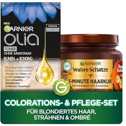 Garnier Colorations- & Pflegeset: Olia 10.2 Perlblond Toner gegen Gelbstich + Wahre Schätze Reparatur-Kur (340ml) - Für Blondiertes Haar, Strähnen & Ombré - Anti-Gelbstich Intensivtönung & Haarkur