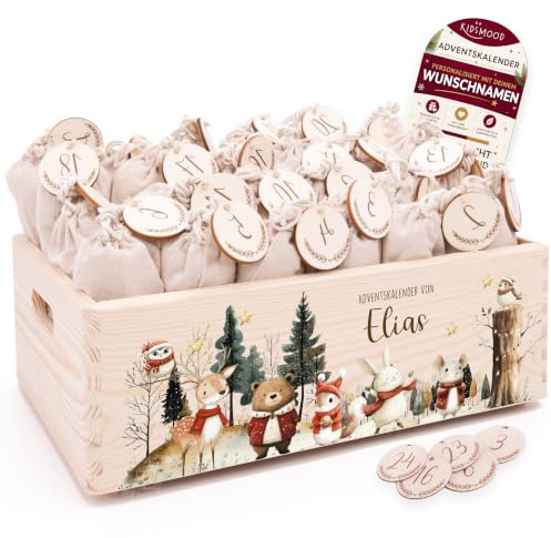 Personalisierter Adventskalender 2026 zum Befüllen mit Holzzahlen | Tolle Weihnachtsdeko aus Holz, Weihnachtskalender mit Tüten für Geschenke Mädchen & Jungen (40 x 30 x 14 cm)