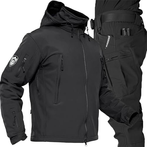 Taktisches Softshell-Set Mit Fleecefutter FüR Herren, Leichte, Wasserabweisende Jagd- Und Wanderjacke Und -Hose, Winter-Jagdbekleidung FüR DraußEn, Abnehmbare Kapuze,Schwarz,4XL