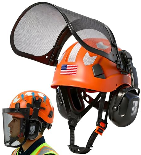 Aolamegs Chainsaw Helmet with Face Shield and Ear Muffs-Orange Forestry Helmet with Hearing Protection and Mesh Full Face Mask,OSHA Approved Arborist Safety Hard Hat with Ear Protection for Mowing
