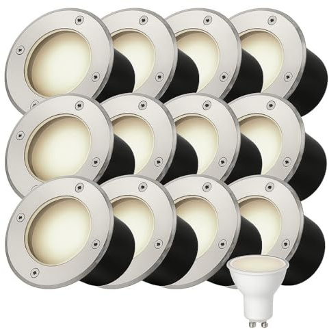 Partenopea Kit 12 Faretti Calpestabili da Incasso IP65 con Attacco GU10 per Esterni Giardini Vialetti Sentieri in Acciaio Inox con Controcassa, Compatibili Lampade 220V (Luce bianca naturale 4000k)