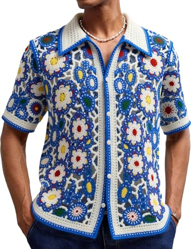 Camisa De Punto Hueca De Ganchillo Étnico Vintage para Hombre Personalidad De Verano Camisas De Manga Corta De Moda M