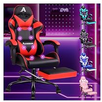ALFORDSON Gaming massagestol, racingstol med nackstöd, ergonomisk skrivbordsstol, liggfåtölj, fällbart fotstöd, ventilerande PU-läder, höjdjusterbar, 180 kg lastkraft, röd svart
