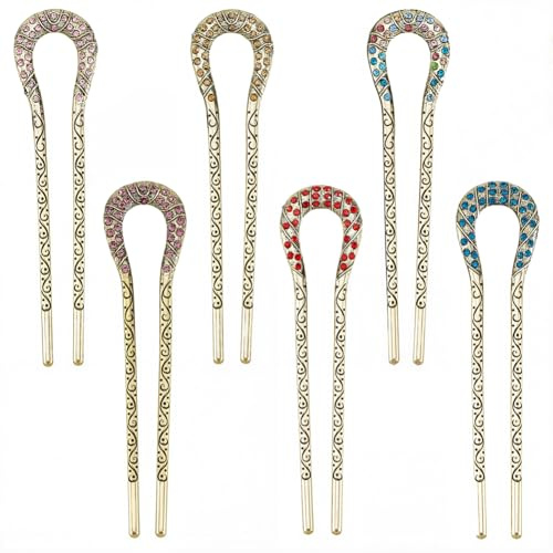 CABODYALS 6 st 6 färger fransk kristall hårnål guld metall strass u-formad dubbel spets hårnål dekorativ hårpinne gaffel tillbehör för kvinnor styling frisyrer bulle brud bröllop outfit