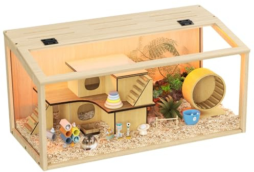 BingoPaw Hamsterbur trä smådjursbur musbur med fällbart lock, 60 x 40 x 40 cm natur