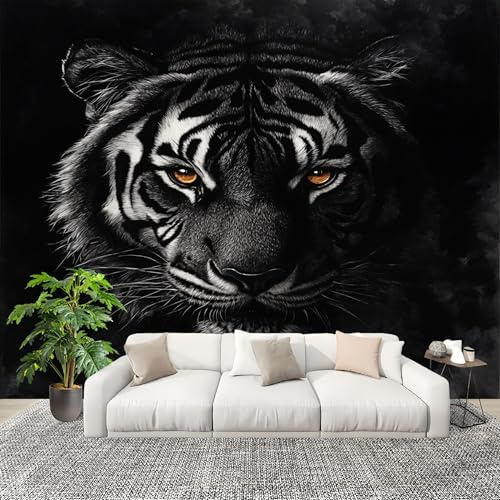 Mural Papel Pintado 3D 250x175cm Tigre, Animal De La Selva Fotomurales Tejido No Tejido Antiarrugas Póster Negro Murales Fotográfico Moderno Decoración de Paredes