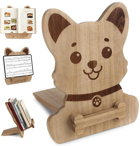 Wooden Dog Cookbook Stand - Adjustable Recipe Holder for Kitchen Counter Tablet & Phone Stand for Cooking - Ideal Gift for Chefs Bakers Mom
