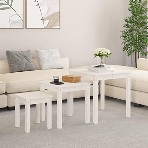 HETFTJN Satztische 3er Set Weiß Massivholz Kiefer 55 x 55 x 55 cm, platzsparend stapelbar, modernes Design, robuste Beistelltische für Wohnzimmer, Schlafzimmer, Balkon und Garten