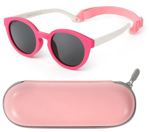 Beipegin Baby solglasögon polariserade UV-skydd solglasögon spädbarn utomhus solskydd med barn glasögon fodral justerbar rem småbarn pojkar flickor ålder 0-3, Rosa, En Storlek
