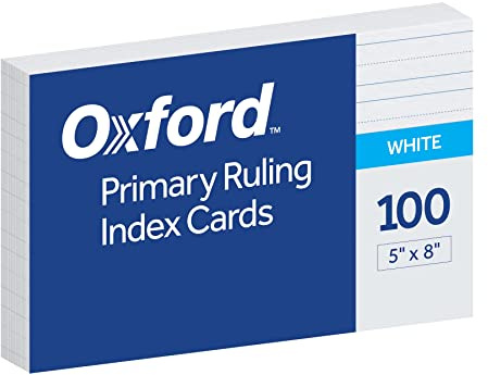 Oxford Primary Ruled Index Cards, 5 x 8 Inches, White, Lined on Front, Blank on Back, Kids Handwriting Practice Cards, Pre-K, K-2, 100 Count (46002)