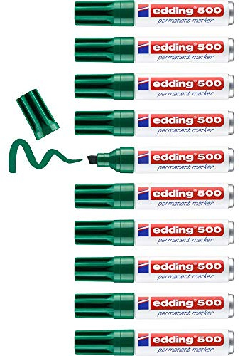 edding 500 permanent marker - green - 10 pens - chisel tip 2-7 mm - waterproof, quick-drying, smear-proof pens - for cardboard, plastic, wood, metal, glass and fabric