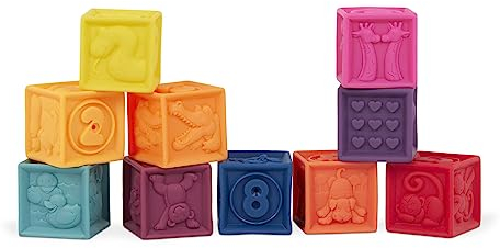 B. toys by Battat BX1002Z Baby Spielzeug Weiche Bauklötze, Bausteine Motorikspielzeug, Lernspielzeug, Stapelwürfel mit Zahlen und Tieren für Babys ab 6 Monate (10 Teile)