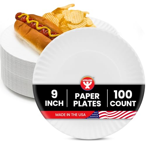 Hygloss Bulk Paper Plates 9-Inch - Uncoated Large Plain White Disposable Plates for Party, Dinner, Foodware, Events, Crafts & More - Environmentally Friendly - Recyclable & Microwave Safe (100 Count)