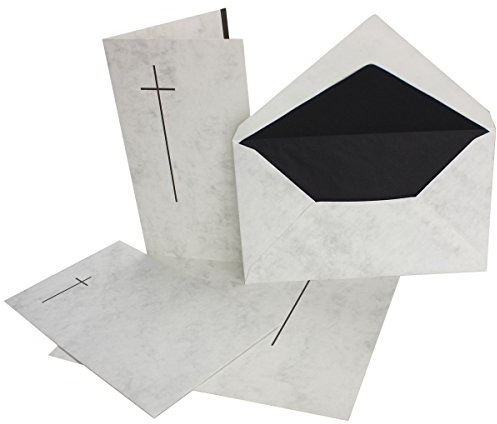FarbenFroh by GUSTAV NEUSER 50 stück Trauerkarten-set- Doppel-Karte (11,4x19,5 cm) mit Umschlag 12x20 cm, marmoriert mit Trauer-Kreuz für Trauer-Anzeige bei Todesfall
