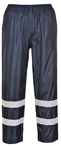 Portwest F441 Men's Waterproof Rain Trousers - Lightweight Reflective Elasticated Safety Pants with Pockets Class 8 Navy, Large