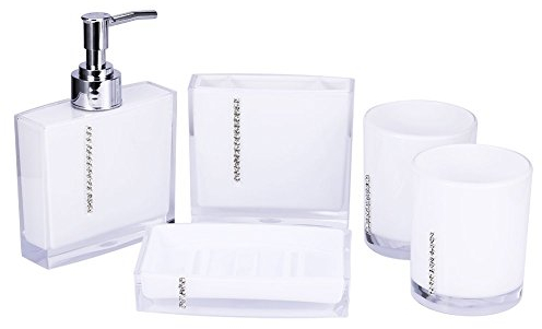 5-Stück Erstklassig Badezimmer Set (aus Hochwertige Acryl mit Diamanten) Bad Accessoire Set Lotion-Flaschen, Zahnbürstenhalter, Zahn-Becher, Seifenschale (Weiß)