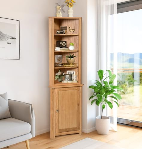Hallowood Furniture Waverly Corner Cupboard and Top with Shelves & Cupboard | Solid Oak Storage Cabinet with 5 Adjustable Shelves & Cupboard, Ideal Corner Cabinets for Living Room, Kitchen Oak Furniture