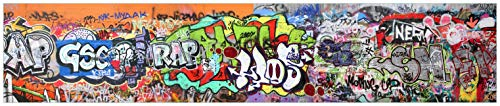Wallario Küchenrückwand aus Glas 250 x 50 cm, Motiv: Rap-Graffiti- Wand mit verschiedenen Tags | Spritzschutz abwischbar & pflegeleicht