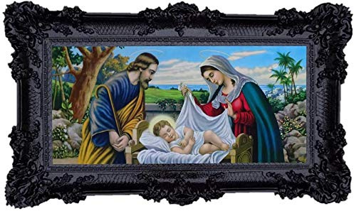 Wunderschönes Repro Barock Antik Look gerahmtes Gemälde mit Ornamentverziehrungen in den Rahmen montiert Motiv Jesus Maria Josef Sacra Familie Ikonen Bild Repro 96x57cm (Schwarz) 75B