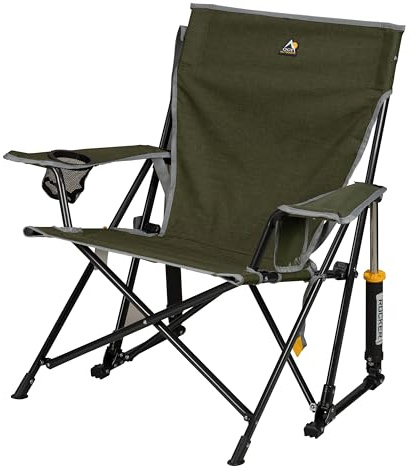 GCI Outdoor Kickback Rocker Camping Chair | Portable Folding Rocking Chair with Durable Armrests, Drink Holder & Relaxed Lowered Seat for Comfort — Loden Green