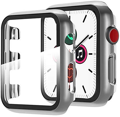 Miimall Kompatibel mit Apple Watch Series 3/2/1 42mm Hülle mit Glas Displayschutz, Sehr stark PC Schutzhülle, Vollschutz Ultradünne Kratzfest Schutz Case für Apple Watch 42mm - Silber