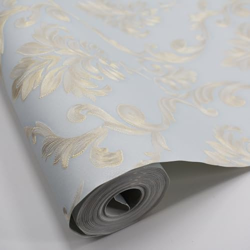 Q QIHANG Non-Woven 3D European Damascus Wallpaper Warm Wedding Room Bedroom Living Room TV Background Non-Pasted Wallpaper 1.73' W x 32.8' L (Light Blue)