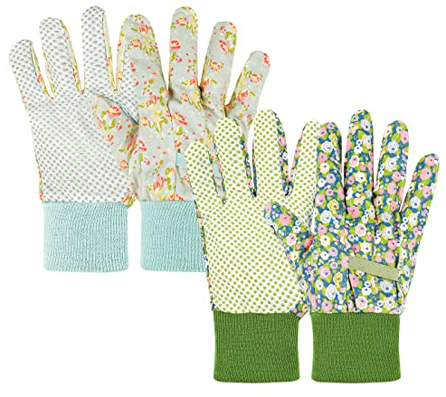 Ainiv Handschuhe für Garten, 2er Set Gartenhandschuhe, Antirutschbeschichtung Arbeitshandschuhe, Einheitsgröße Arbeitshandschuhe mit PVC-Punkten und reißfester Canvas-Stulpe Zum pflanz & Gartenarbeit