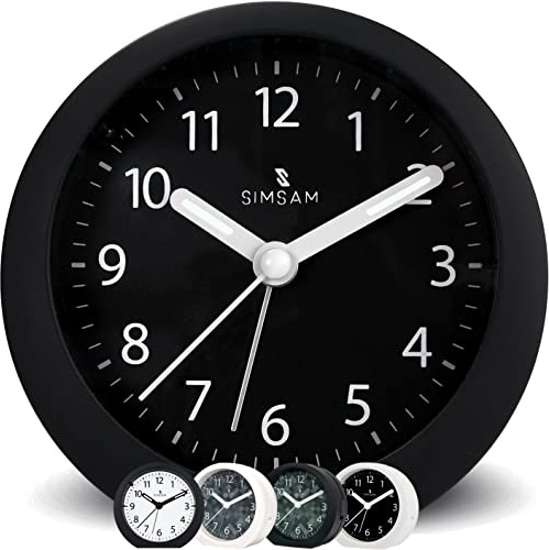 SIMSAM Wecker Analog ohne Ticken mit Batterie, Licht (Schwarz-Schwarz)