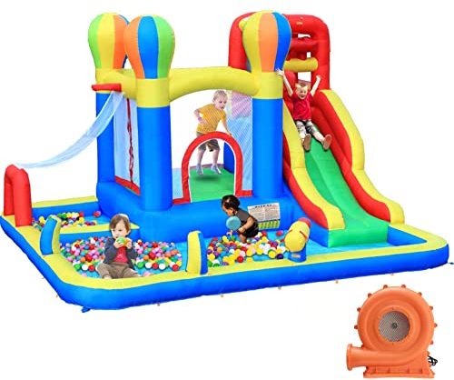 Baralir Aufblasbare Hüpfburg Indoor, Trocken-/Wasserrutsche, geeignet für Kinder von 3 bis 8 Jahren, Hüpfburg Outdoor mit Gebläse 340×335×209CM