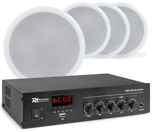 Power Dynamics Système Audio 100V avec 4 Haut-Parleurs de Plafond CSPB5 et Amplificateur PDM25 Bluetooth, FM, USB, Câble 50m - Idéal pour Bureaux, Commerces, Espaces Publics
