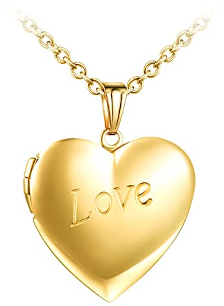 Yumilok Personalisierte Fotokette, Halskette mit Herzanhänger, Medaillon aus Edelstahl, Anhänger zum Öffnen mit Foto Lock, mit Kette 50 cm, Gedenkkette aus Gold, Edelstahl, Strass