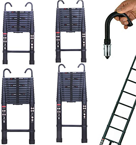 3,8 m Teleskopleiter aus Aluminium mit abnehmbaren Haken und rutschfesten Füßen, EN131, Tragfähigkeit 150 kg, zusammengeklappte Höhe 85 cm, tragbare Klappleiter, schwarz