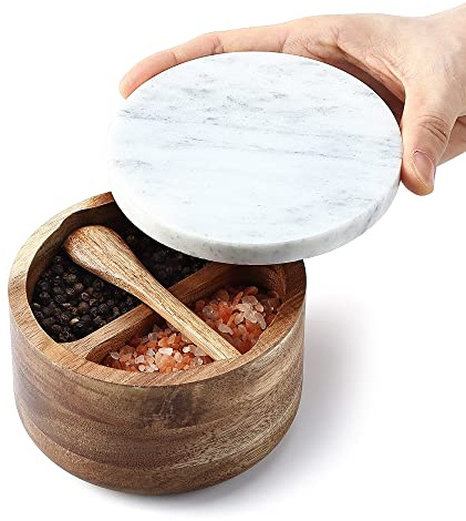 8SOM Caja de sal y pimienta de acacia con tapa de mármol y cuchara integrada, tapa antipolvo bien sellada, recipiente para almacenamiento de pimienta, especias, hierbas, sal marina, capacidad doble de